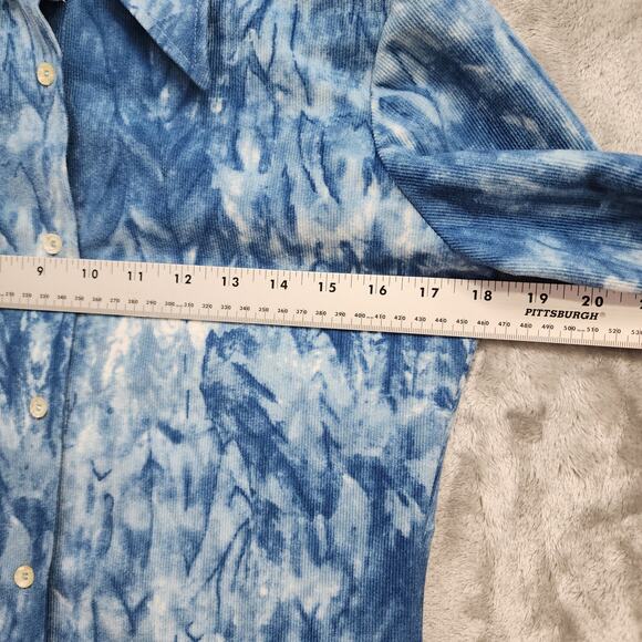 Vintage 70s Tucci Top Womens 7/8 Blue White Corduroy Dagger Collar Long Sleeves - Picture 8 of 13